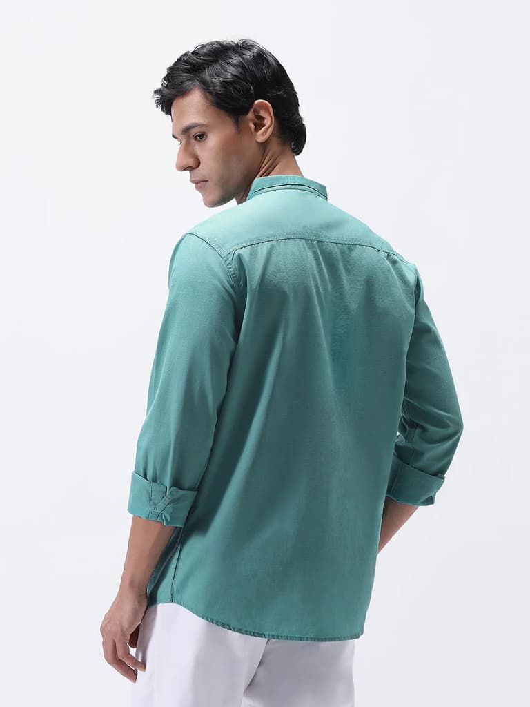 Men's Light Teal Cotton Full Sleeve Regular Fit Casual Solid Shirt with Band Collar — photo 3