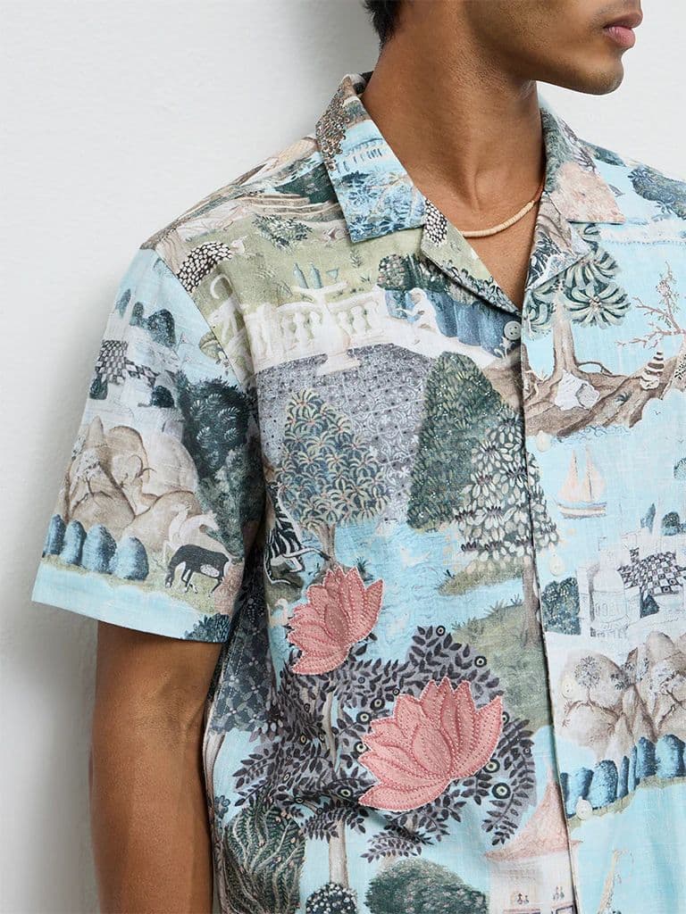 ETA Light Teal Scenic Printed Relaxed-Fit Cotton Shirt — photo 3
