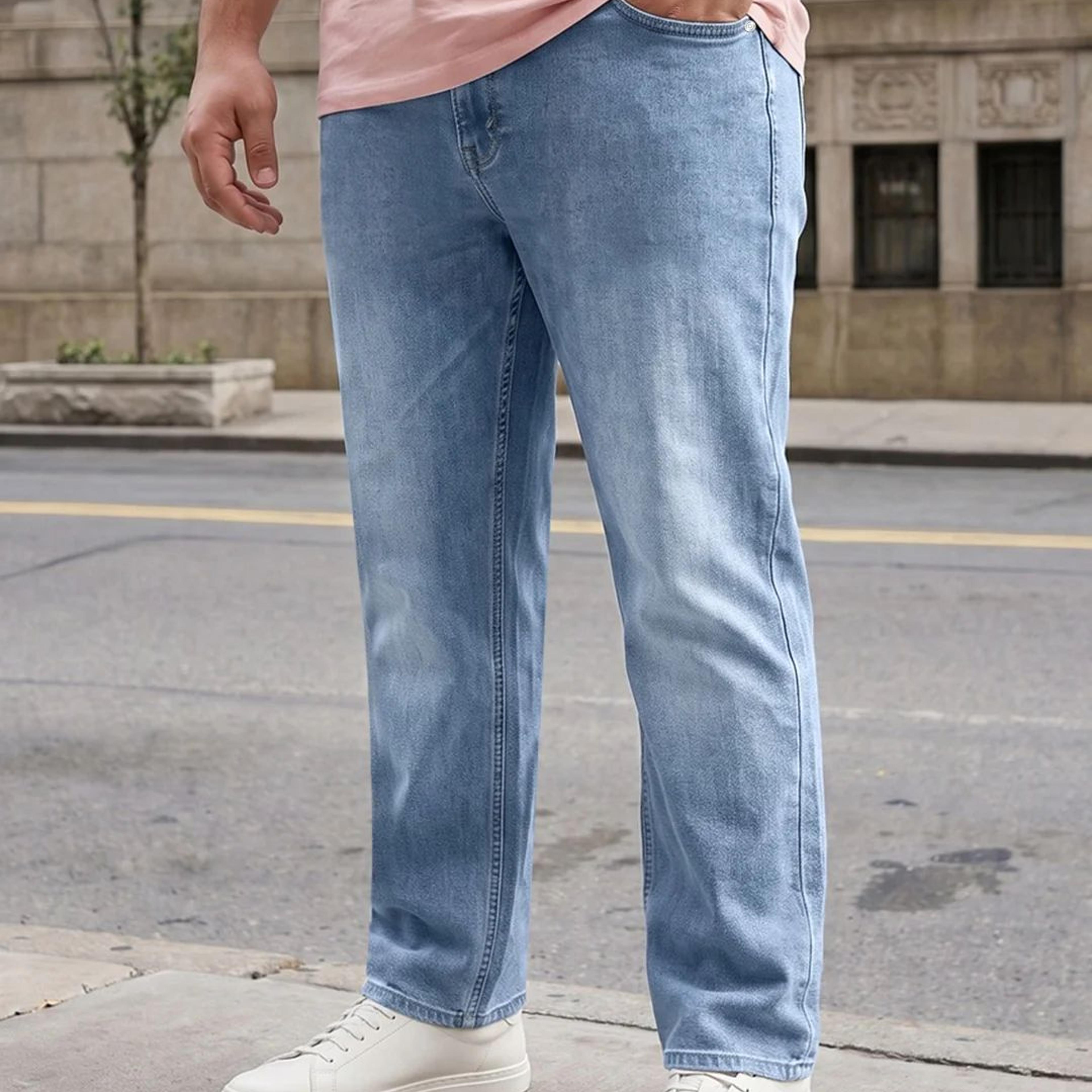 Plus Men's Ice Blue Relaxed Fit Washed Denim Jeans Non-Stretchable