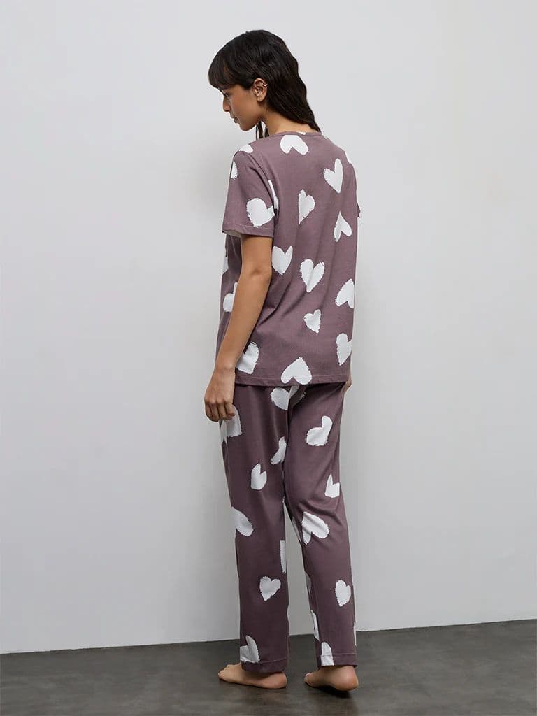 Wunderlove Brown Heart Printed Cotton T-Shirt with Pant Set — photo 4