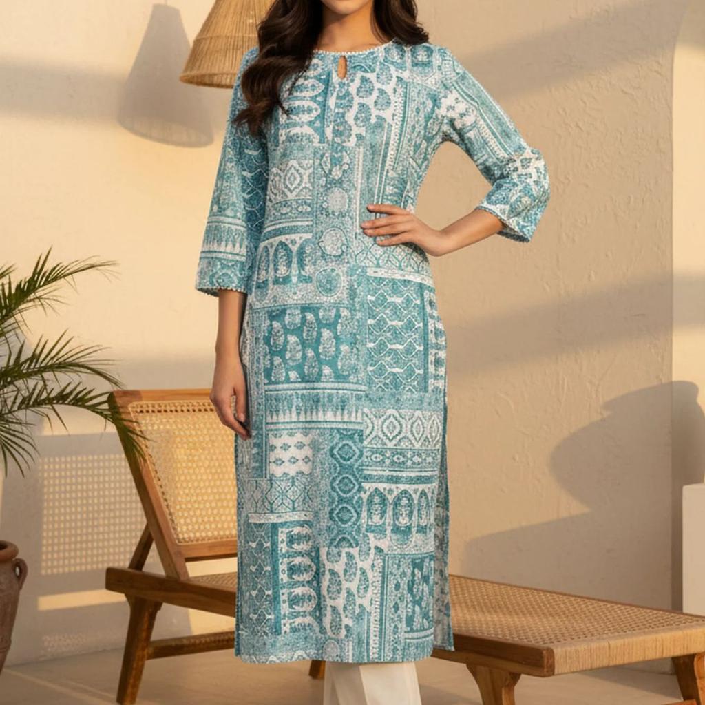 Teal Ethnic Motifs Pure Cotton Straight Kurta