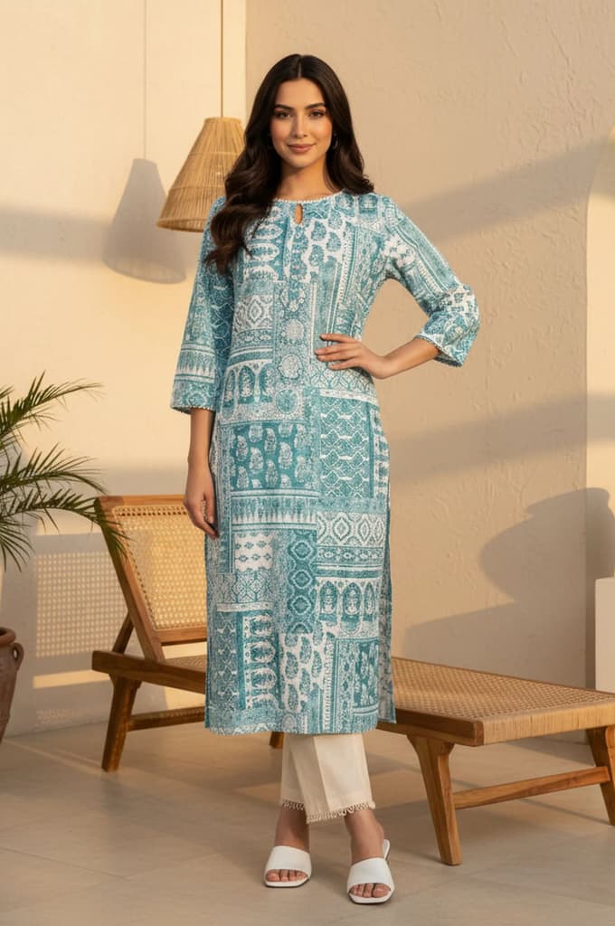 Teal Ethnic Motifs Pure Cotton Straight Kurta — XS