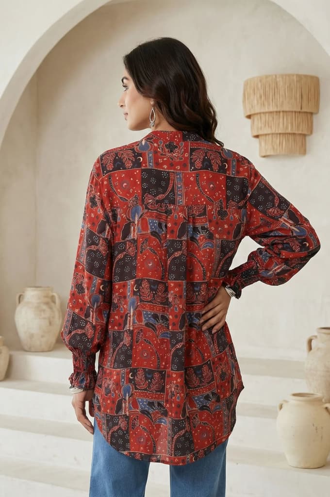 Red Abstract Modal Satin Straight Top — photo 4