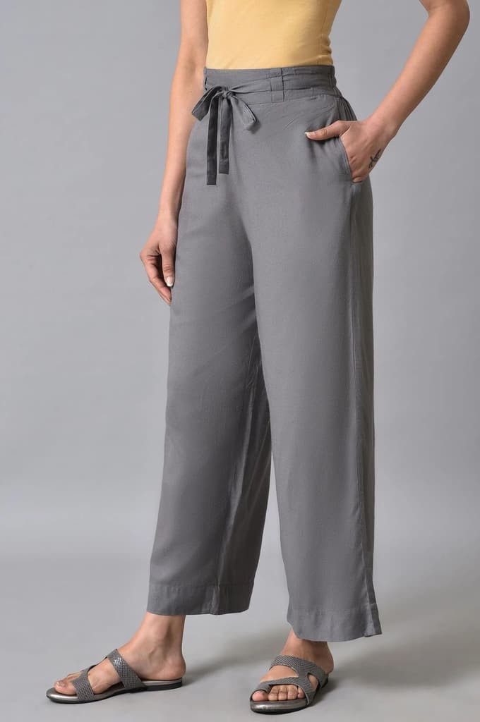 Grey Solid Flared Cotton Palazzo With Elasticated Waist — photo 3