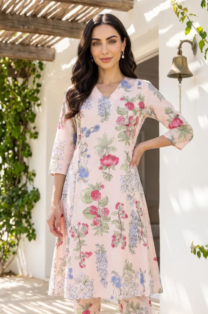 Peach Floral Printed Pure Cotton A-line Kurta — photo 2