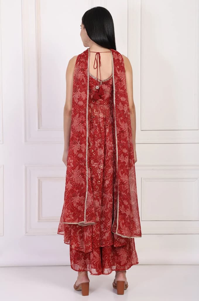 Red Floral Printed Lace Trim Anarkali Chiffon Kurta with Flared Pant and Dupatta Set — photo 5