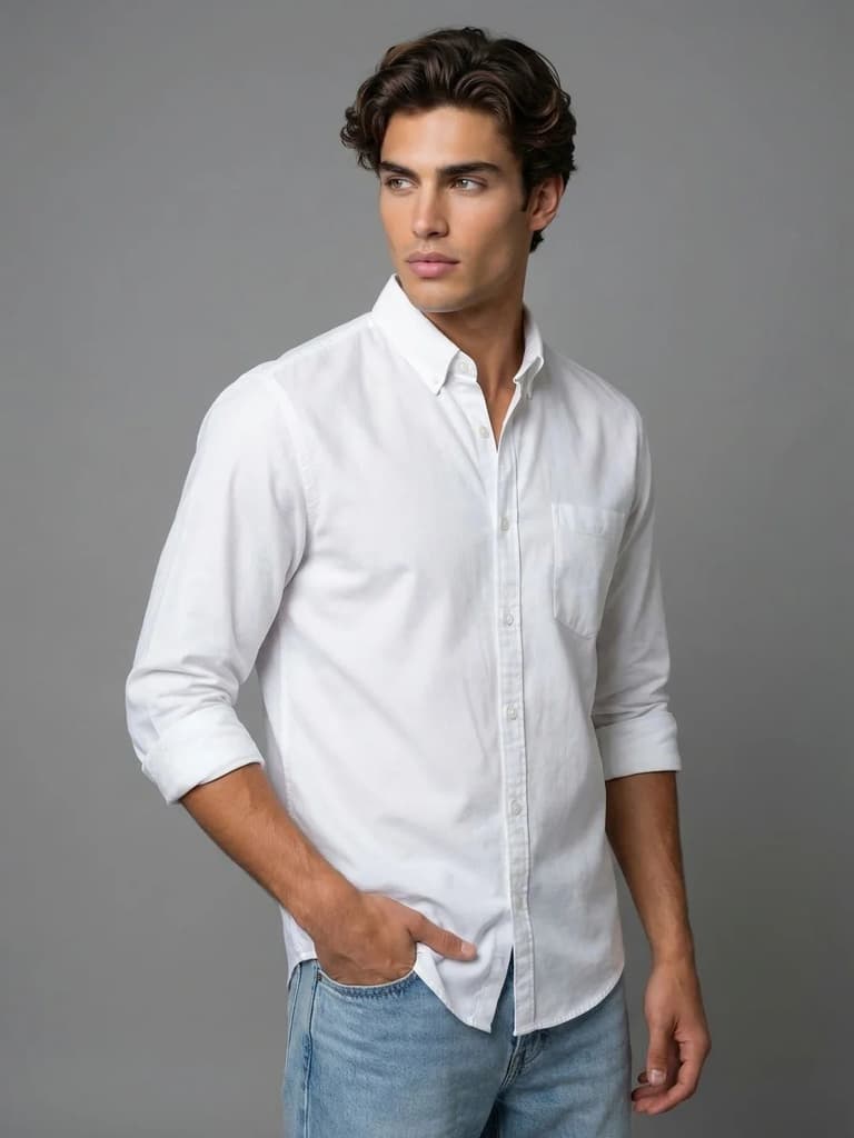 Men's White Cotton Full Sleeve Regular Fit Solid Oxford Shirt With Button-Down Collar — photo 2