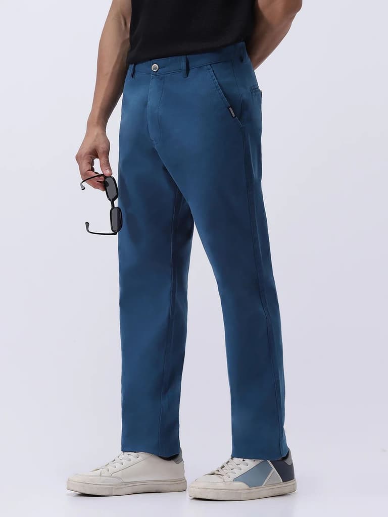 Men's Royal Blue Cotton Regular Fit Casual Chinos Trousers Stretch — photo 2
