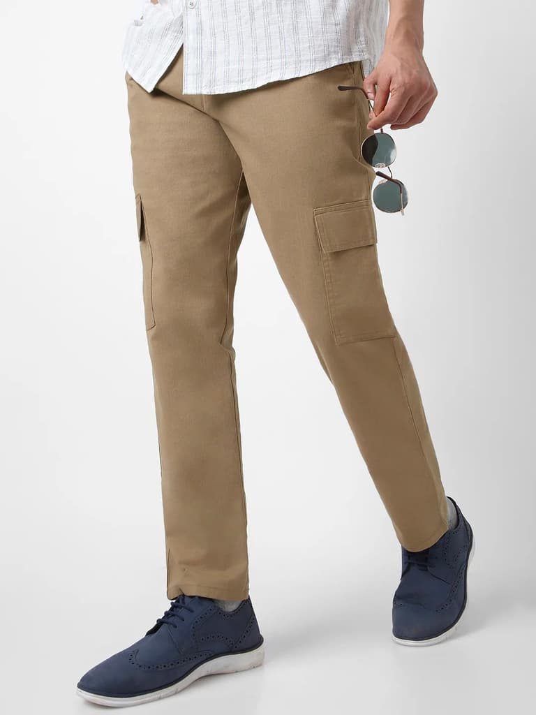 Men's Khaki Regular Fit Solid Cargo Chino Pant with 6 Pockets Stretchable — 28 / Khaki