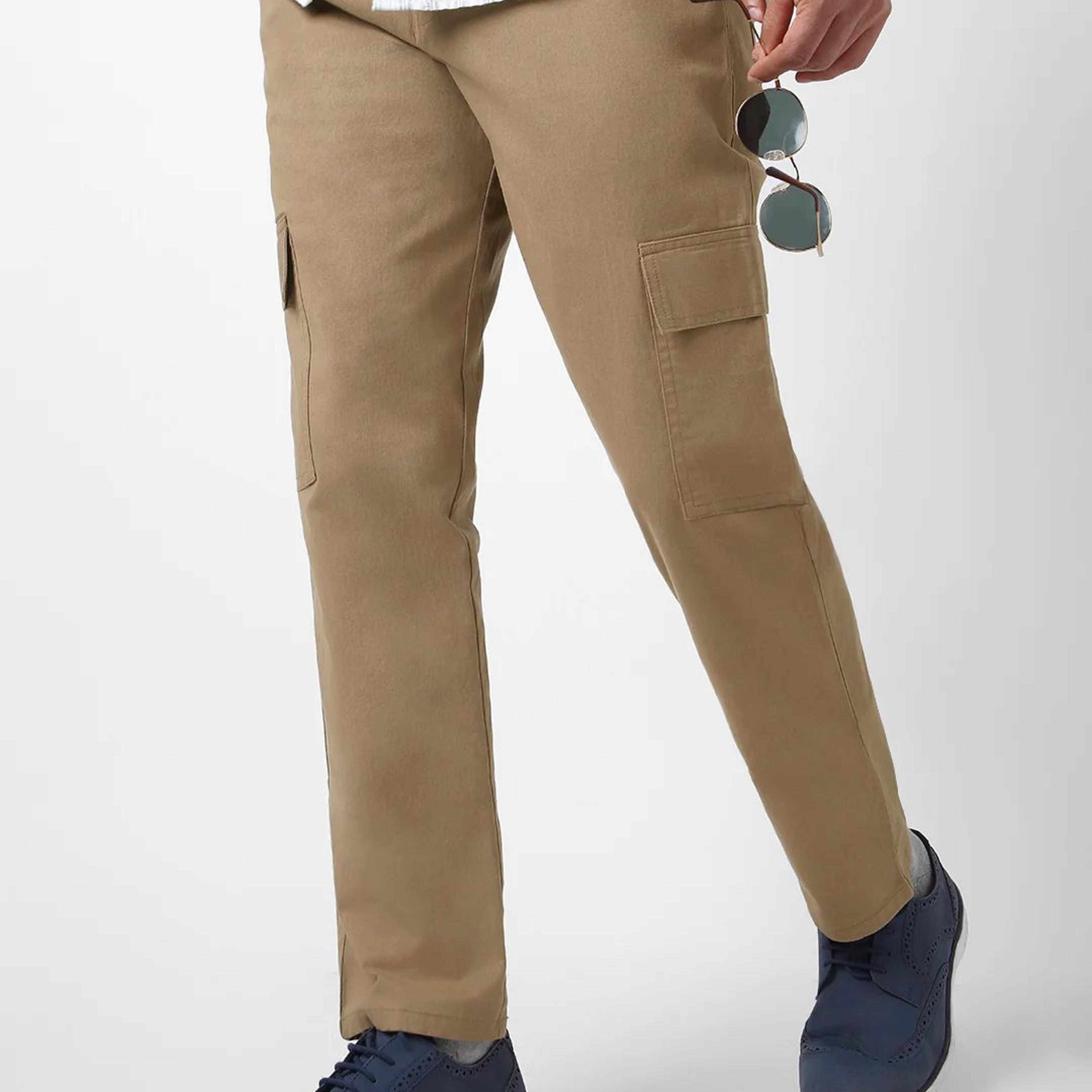 Men's Khaki Regular Fit Solid Cargo Chino Pant with 6 Pockets Stretchable