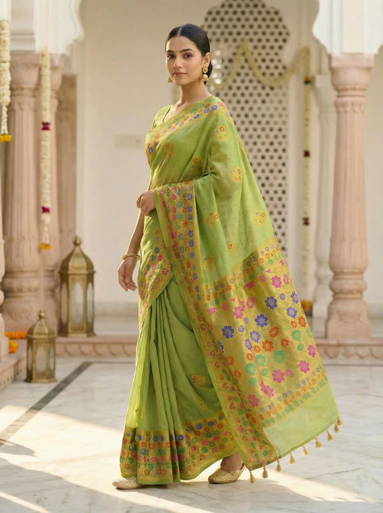 MIMOSA Women's Woven Design Paithani Style Raw Silk Saree with Blouse Piece - Olive ( SA00003127OLFREE ) — photo 3