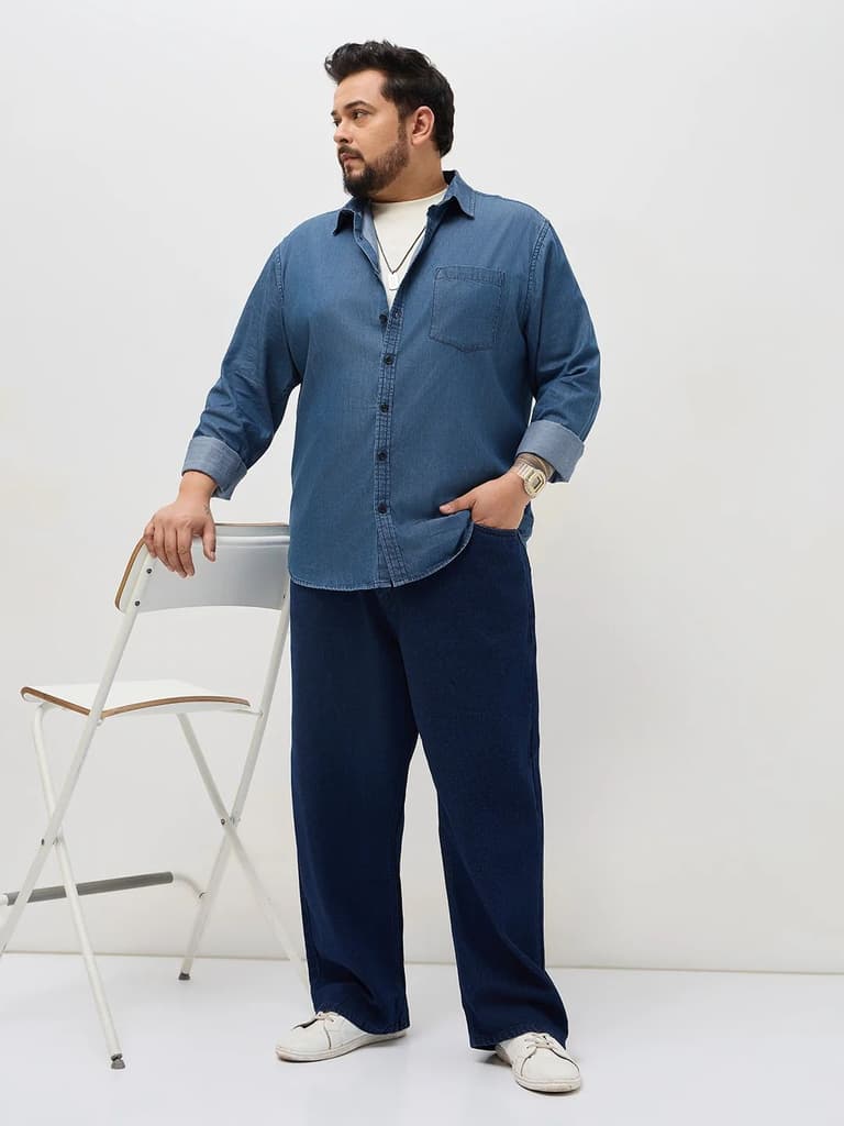 Plus Men's Blue Regular Fit Full Sleeve Solid Denim Shirt — photo 4