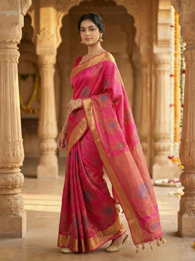 MIMOSA Women's Woven Design Mysore Silk Style Crepe Saree with Blouse Piece - Rani ( SA00003135RNFREE ) — photo 3