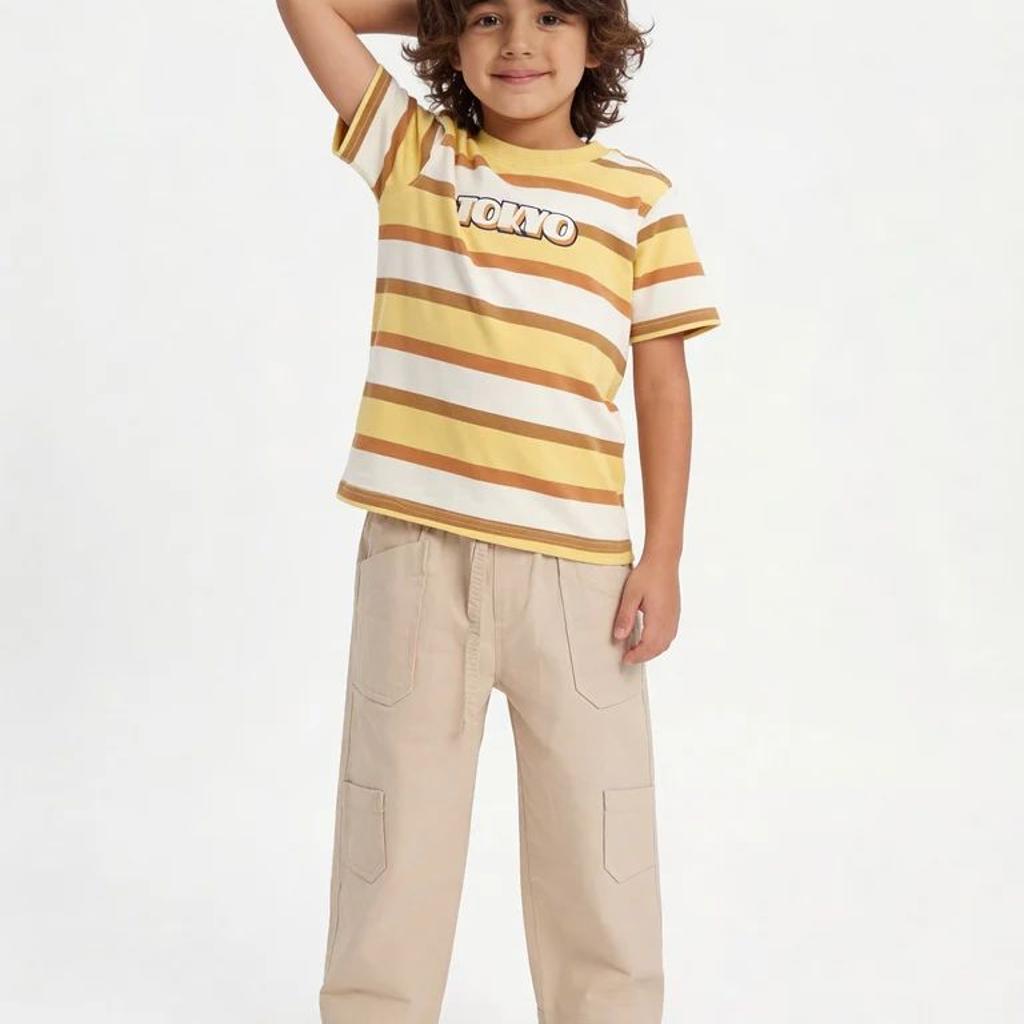 HOP Kids Boys Stone Multi-Pocket Relaxed Fit Cotton Cargo Trousers