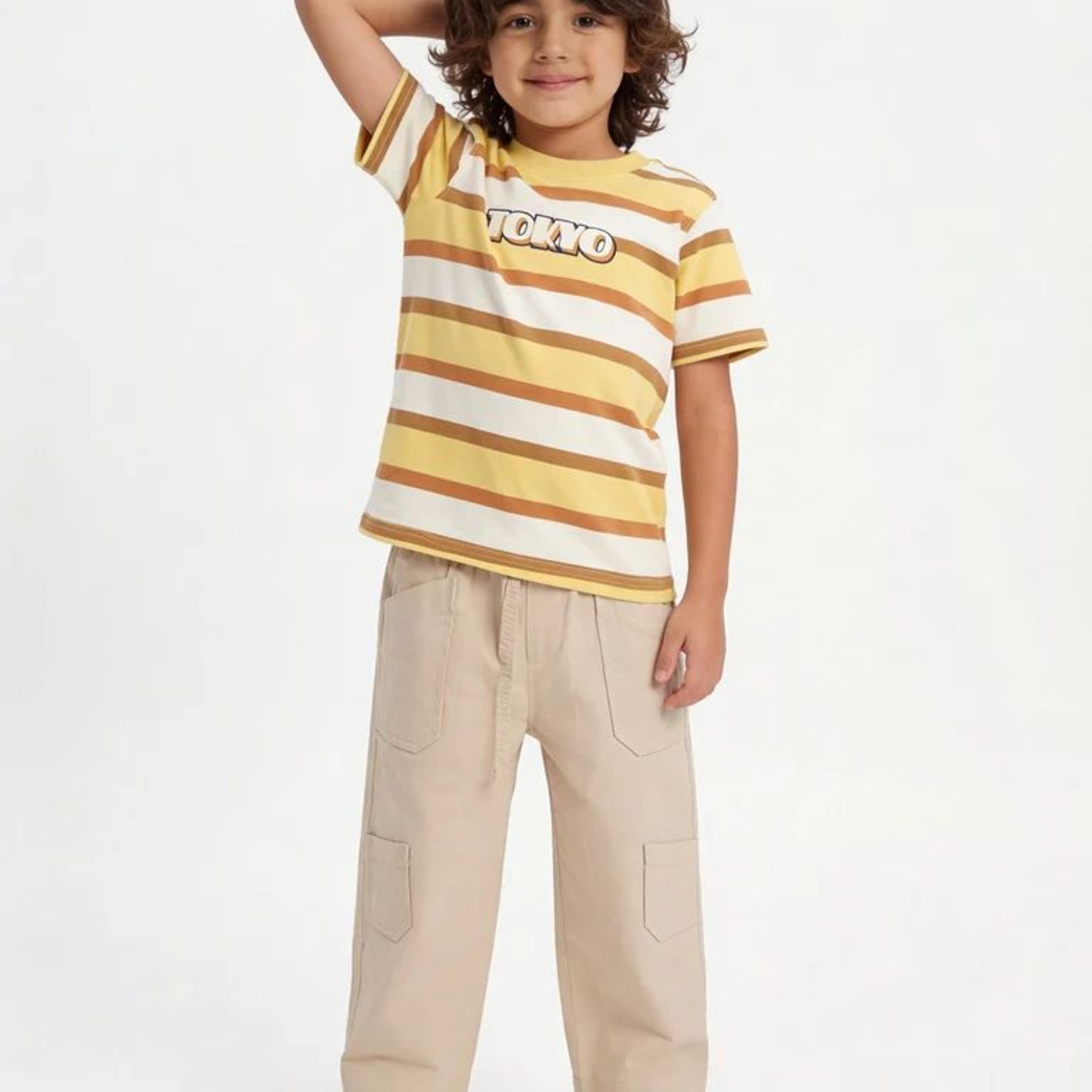 HOP Kids Boys Stone Multi-Pocket Relaxed Fit Cotton Cargo Trousers