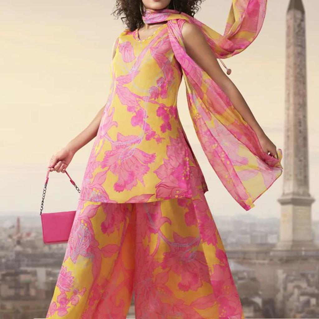 Yellow Floral Printed Tassels Straight Kurta with Flared Pants and Dupatta Set