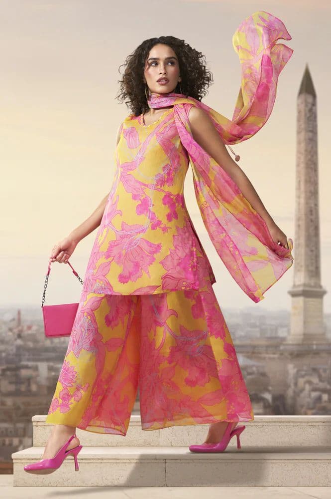 Yellow Floral Printed Tassels Straight Kurta with Flared Pants and Dupatta Set — XS