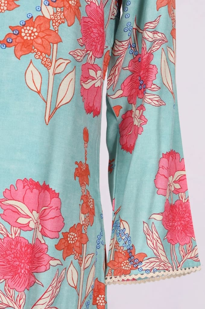 Turquoise Blue Floral Printed Lace Rayon Straight Kurta — photo 6