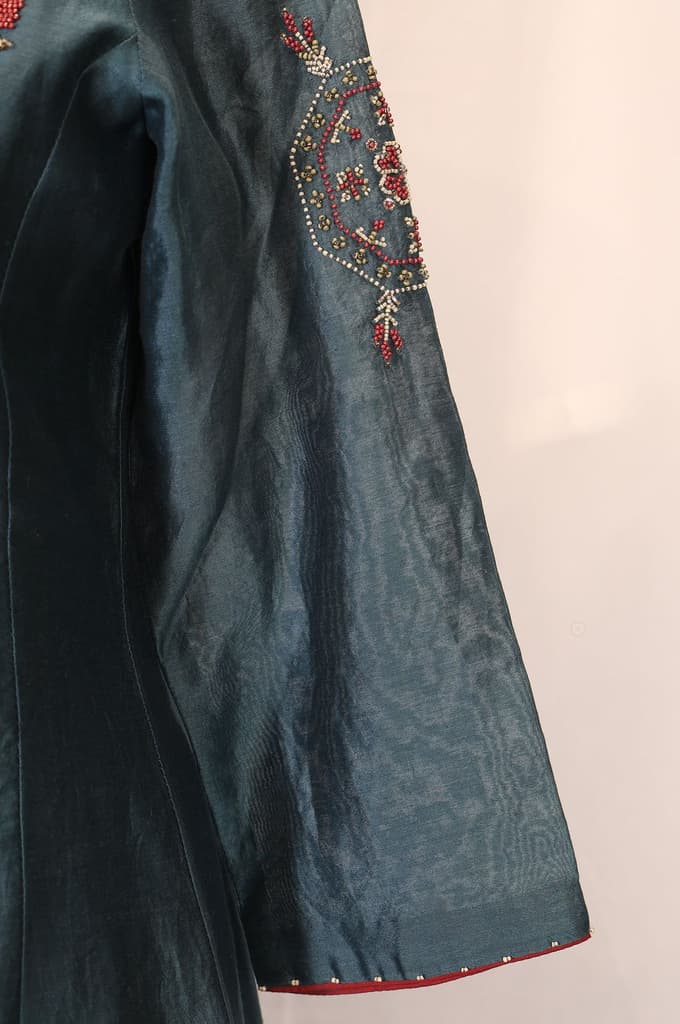 Teal Embroidered Silk Blend A-line Kurta with Straight Pants and Dupatta Set — photo 6