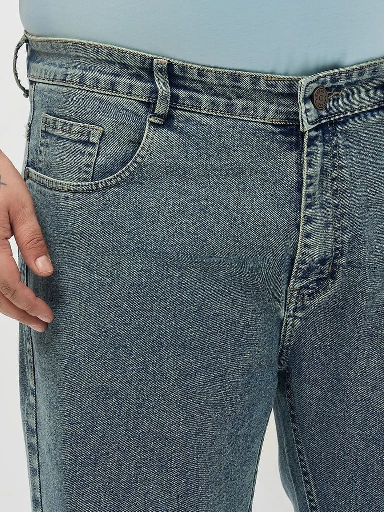 Plus Men's Ice Blue Regular Fit Towel Washed Yellow Tint Denim Jeans Stretchable — photo 5
