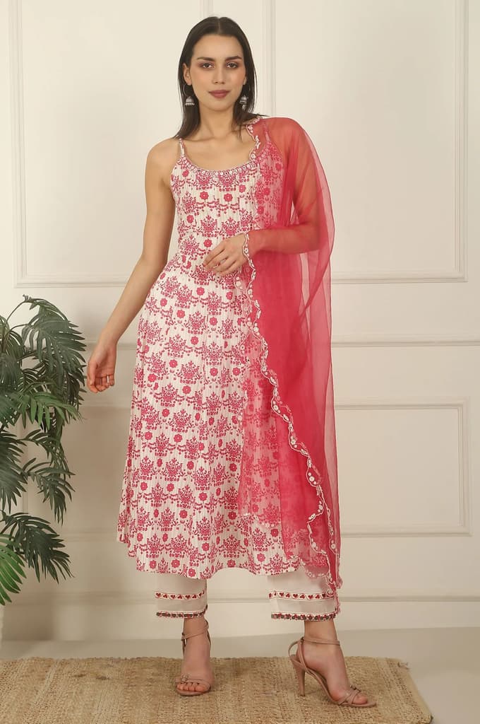 White and Pink Printed Cotton Lurex Anarkali Spaghetti Kurta, Pants and Dupatta Set — photo 3