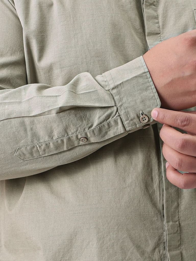 Plus Men's Light Olive Cotton Full Sleeve Regular Fit Casual Solid Shirt with Band Collar — photo 6