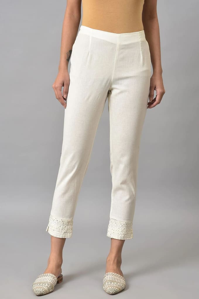 White Embroidered Cotton Flax Slim Pants — XS