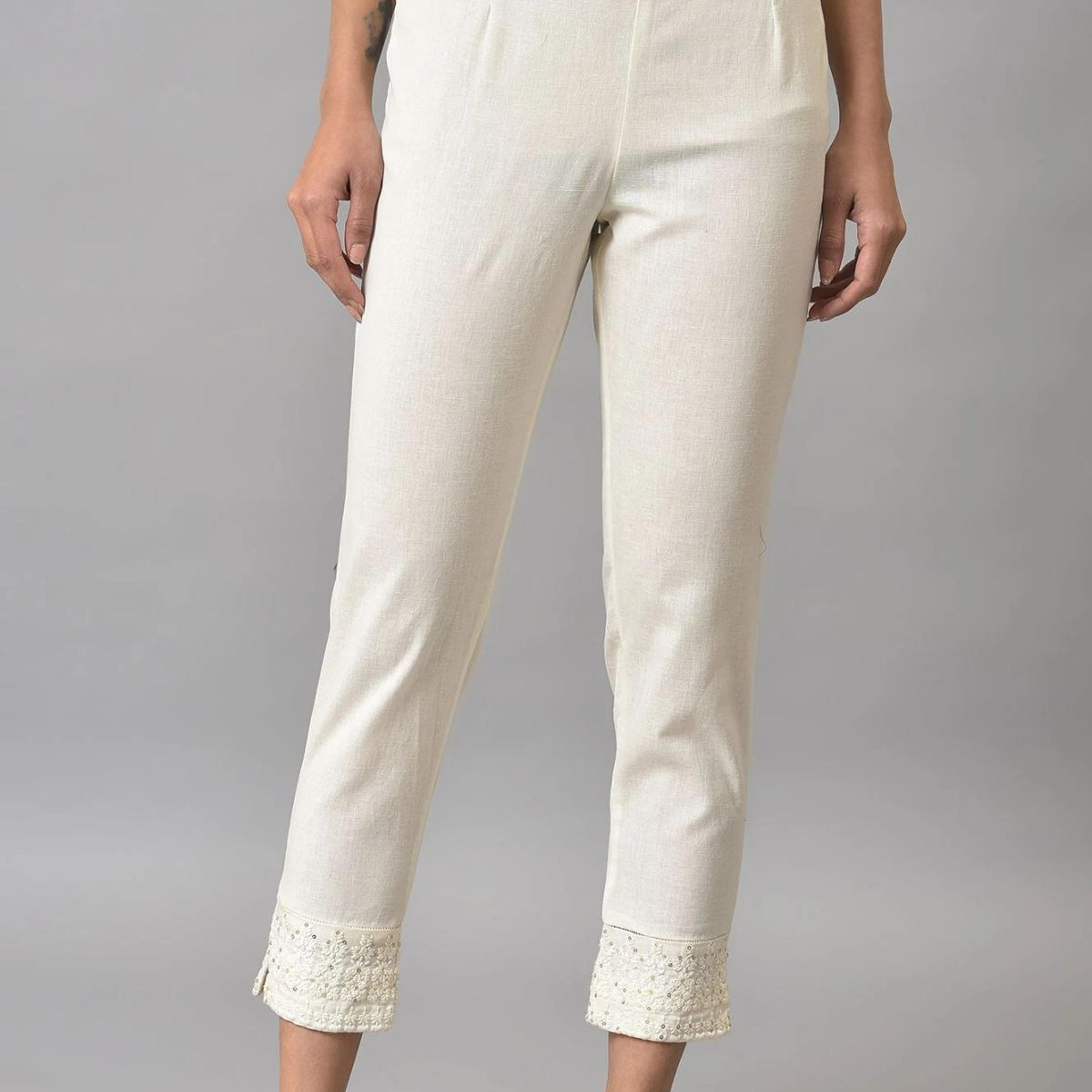 White Embroidered Cotton Flax Slim Pants