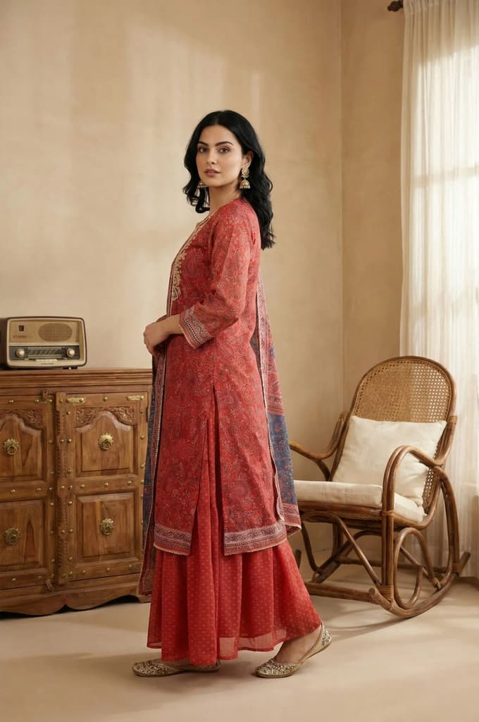 Red Zari Embroidered Paisley Printed Chanderi Straight Kurta with Sharara and Dupatta Set — photo 4