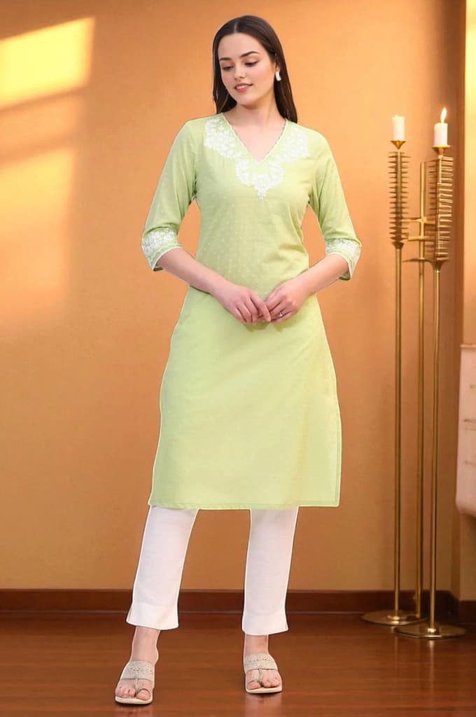 Pistachio Green Mirror Work Pure Cotton Straight Kurta — XS
