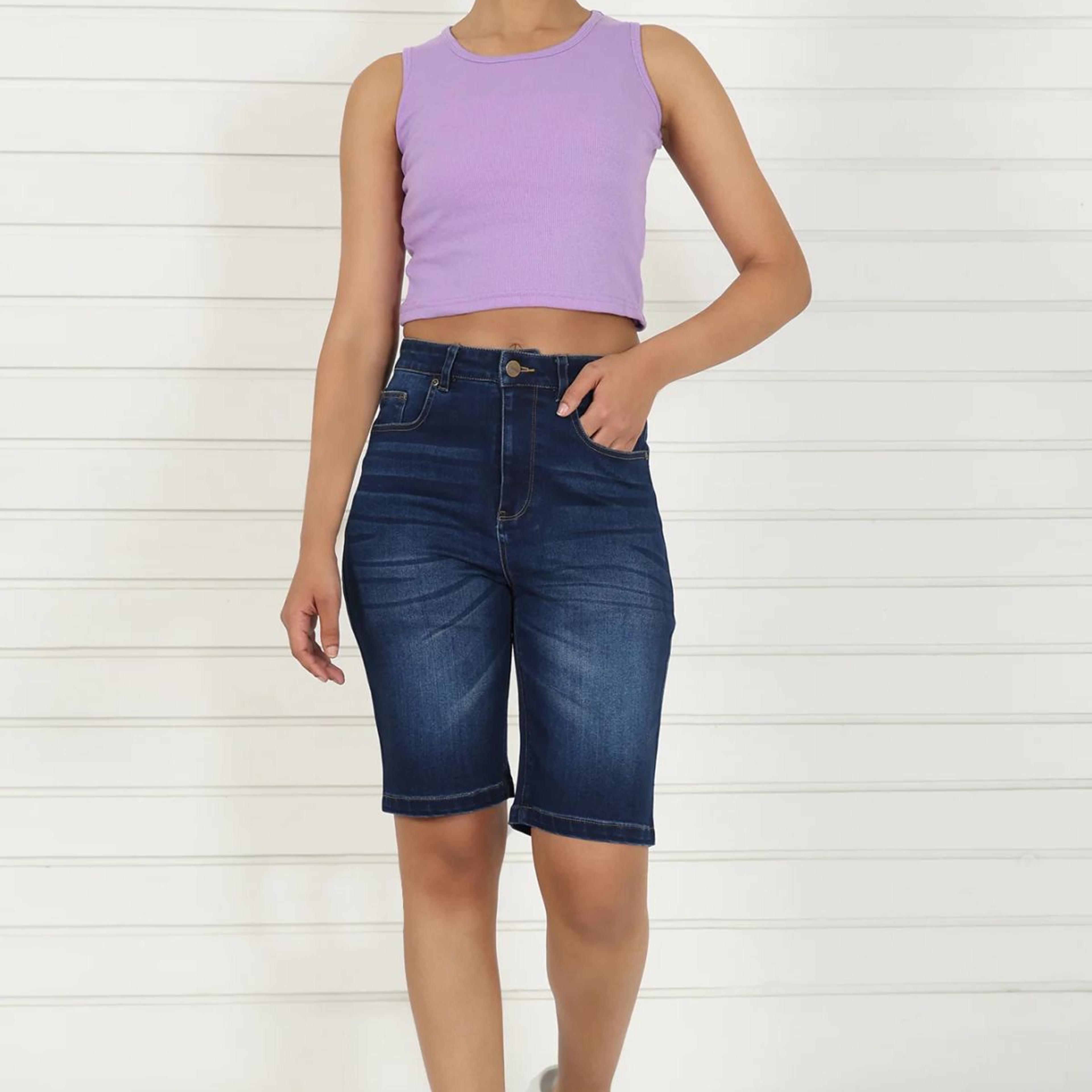 Blue Denim Lycra Mid Rise Mid Thigh Length Shorts with YKK Zipper