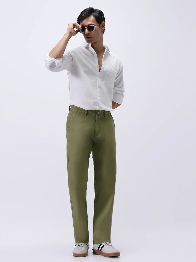 Men's Light Olive Cotton Regular Fit Casual Chinos Trousers Stretch — photo 4