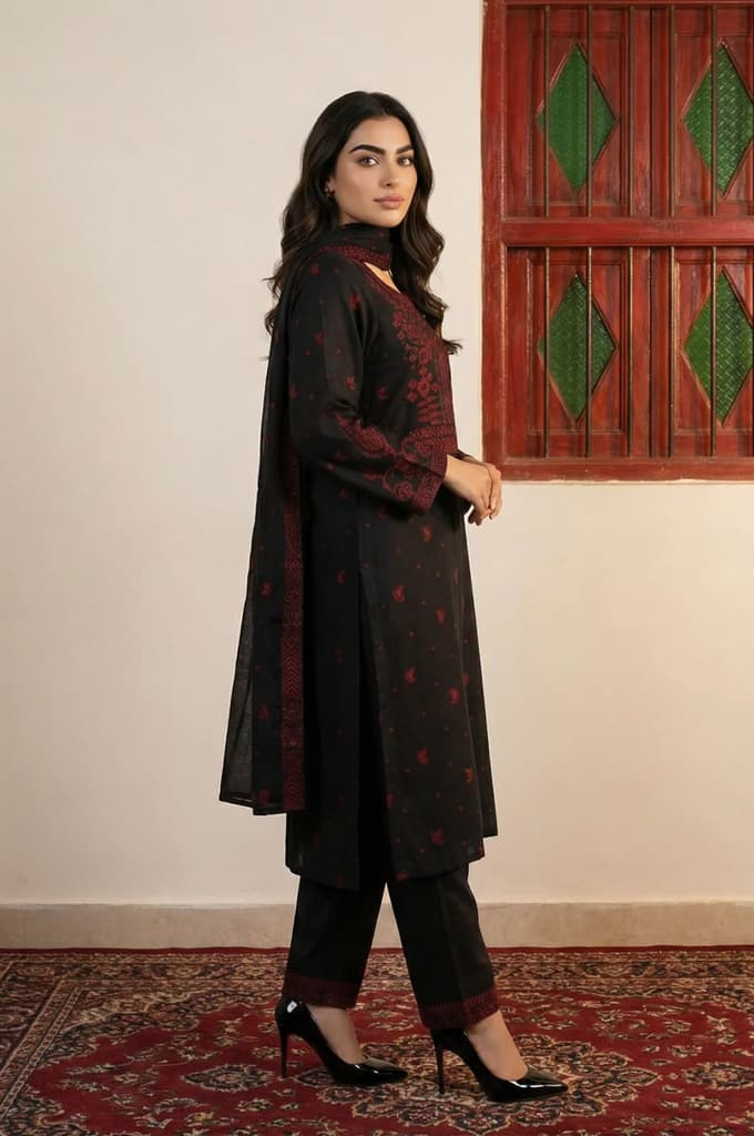 Black Floral Printed Jacquard Straight Kurta with Pants and Dupatta Set — photo 3