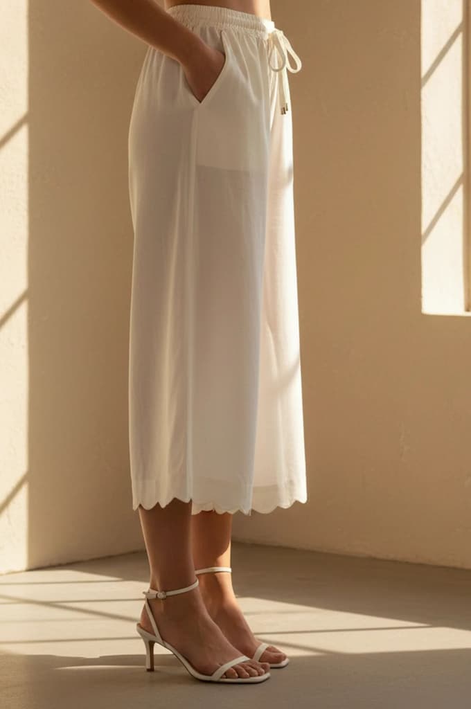 Off White Solid Cut Work Calf Length Flared Pants — photo 5