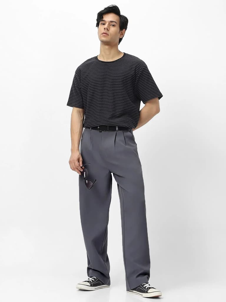 Men's Medium Grey Loose Baggy Fit Solid Korean Trousers Stretchable — photo 5