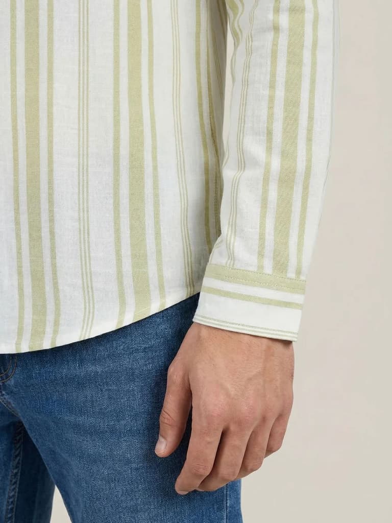 Men's Light Green Cotton Full Sleeve Relaxed Fit Linen Striped Shirt with Spread Collar — photo 6