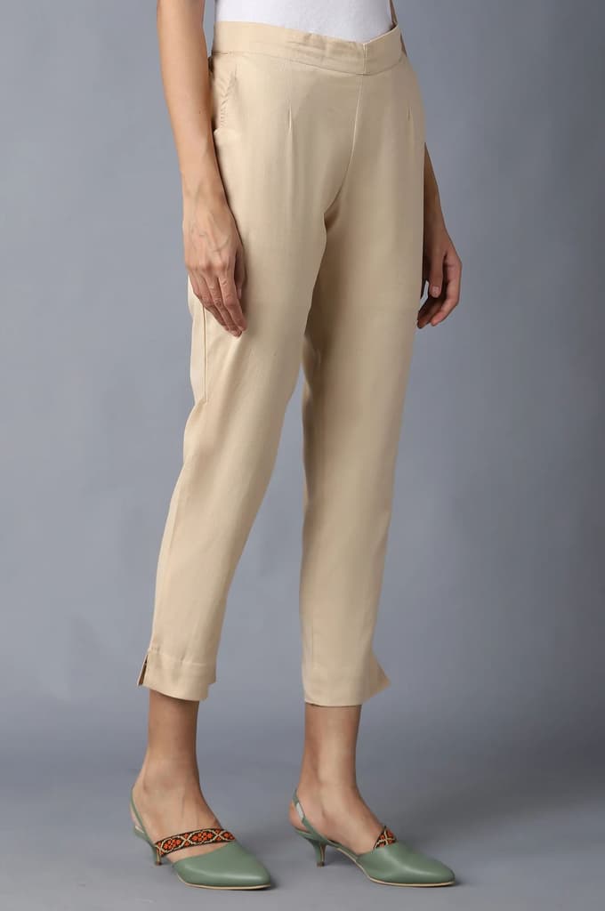 Beige Solid Straight Fit Cotton Trousers With Elasticated Waistband — photo 4