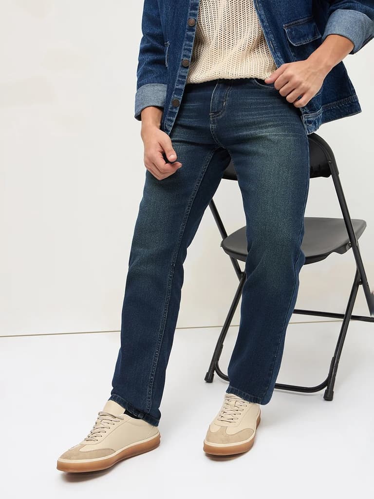 Men's Blue Regular Fit Whisker Wash Yellow Tint Denim Jeans Stretchable — photo 3