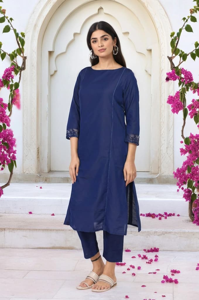 Navy Blue Solid Lace Trim Straight Kurta with Straight Pant and Dupatta Set — photo 6