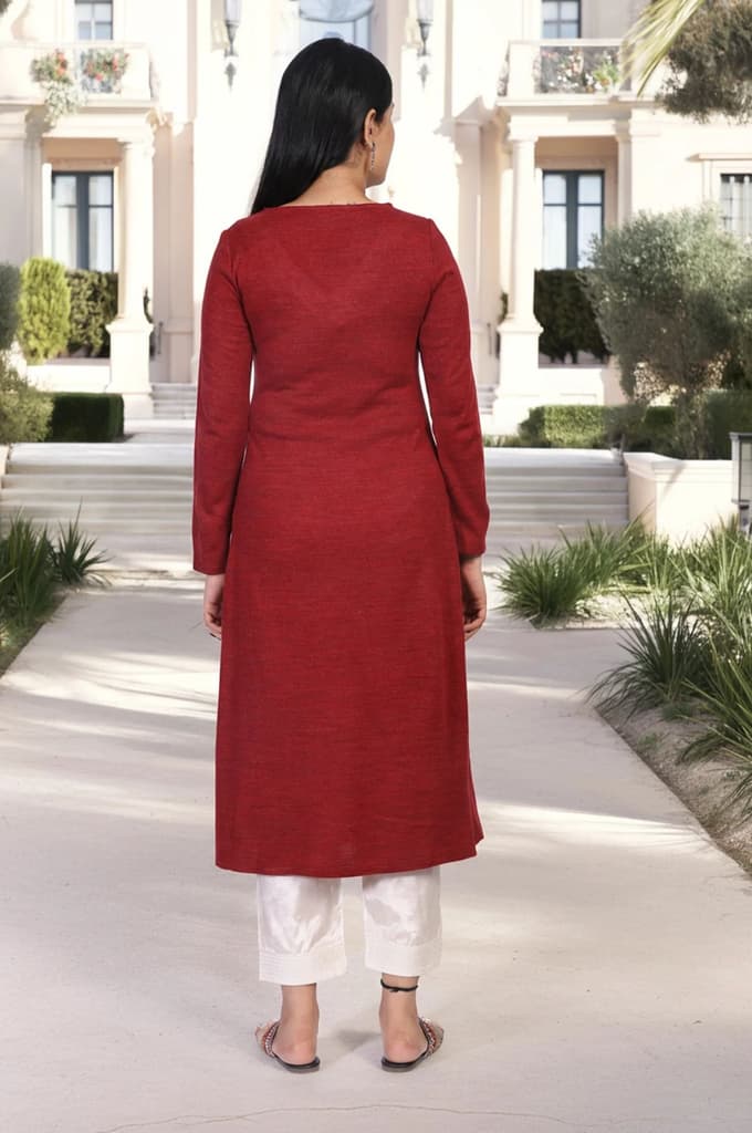 Maroon Embroidered A-Line Acrylic Winter Kurta — photo 5