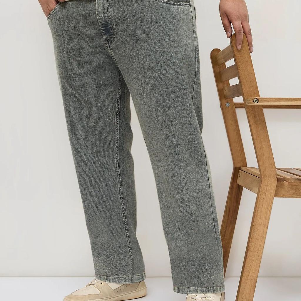 Plus Men's Light Grey Regular Fit Towel Washed Yellow Tint Denim Jeans Stretchable