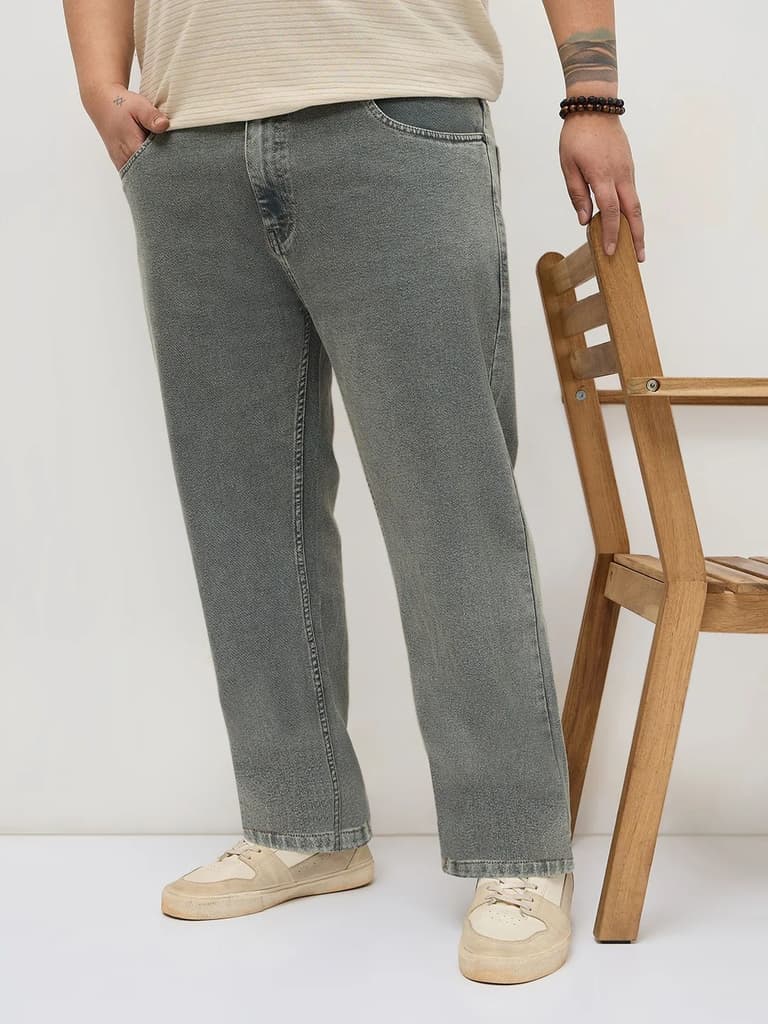 Plus Men's Light Grey Regular Fit Towel Washed Yellow Tint Denim Jeans Stretchable — 36 / Light Grey