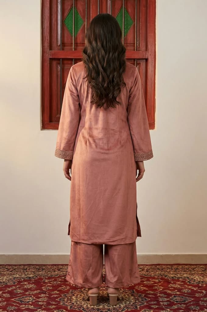 Pink Solid Embroidered Straight Kurta with Flared Pants and Dupatta Set — photo 4