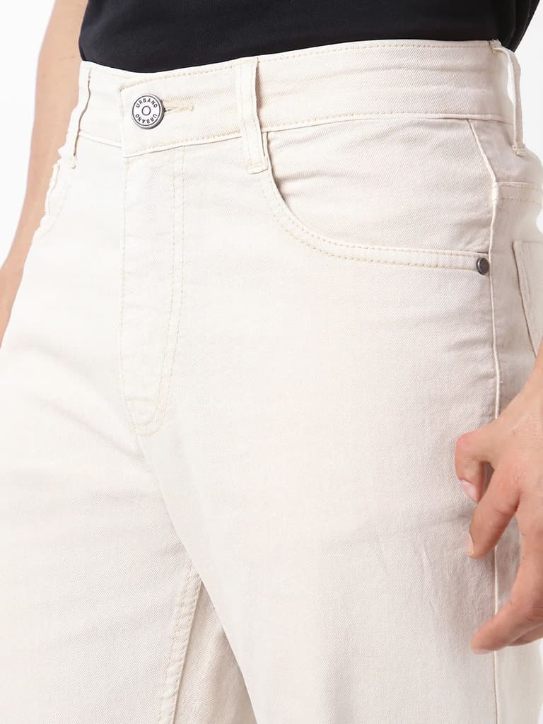 Men's Ecru Straight Fit Washed Jeans Stretchable — photo 5