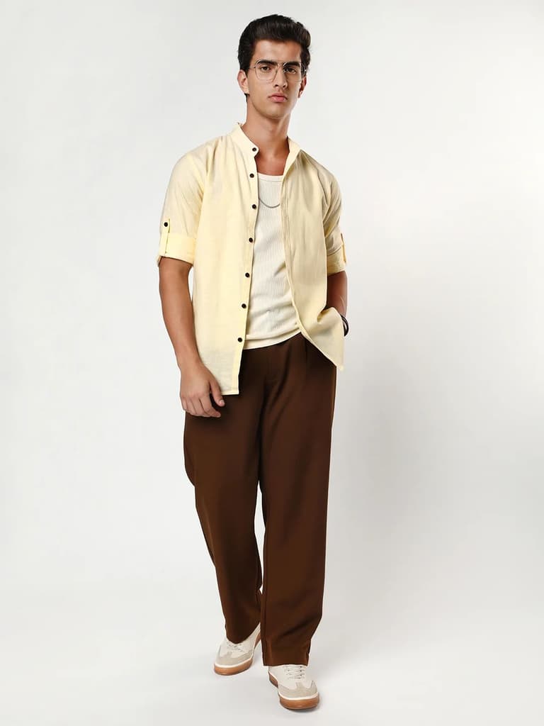 Men's Tender Yellow Linen Blend Full Sleeve Relaxed Fit Mandarin Collar Casual Solid Shirt — photo 4