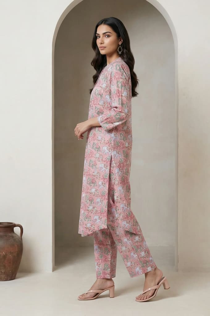 Pink Block Printed Pure Cotton Straight Kurta with Pants Set — photo 4
