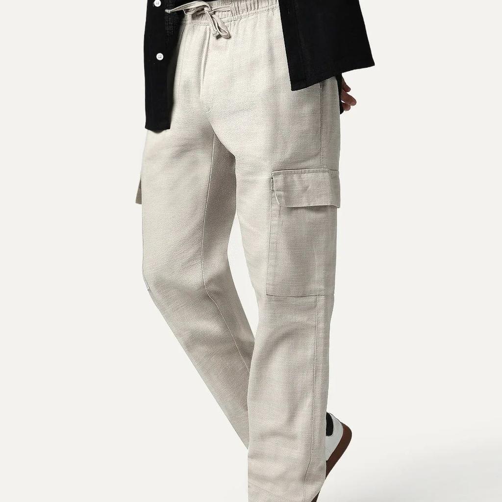Men's Beige Straight Fit Linen Cargo Pants with 6 Pockets
