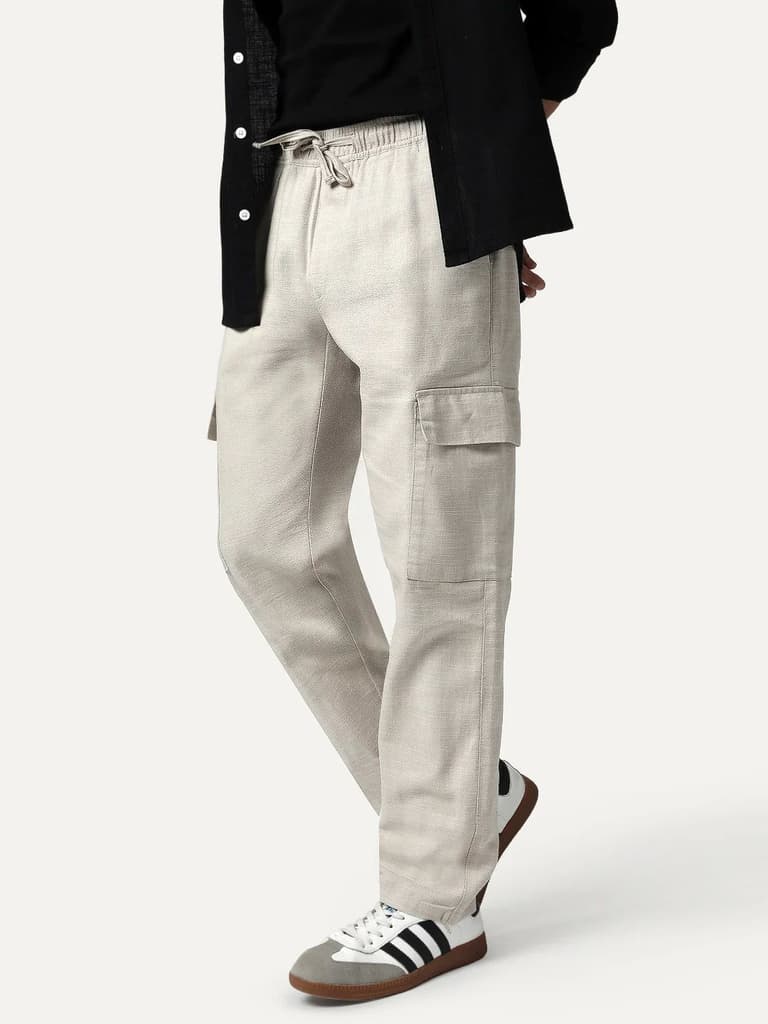 Men's Beige Straight Fit Linen Cargo Pants with 6 Pockets — 28 / Beige
