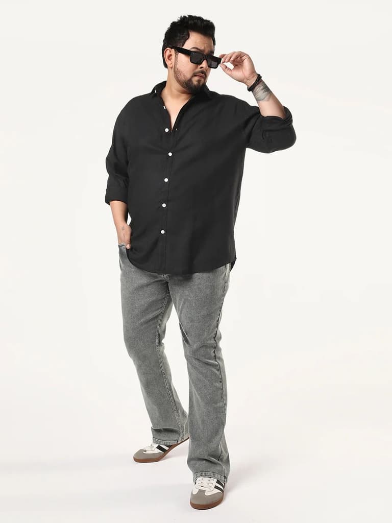 Plus Men's Black Linen Blend Full Sleeve Relaxed Fit Casual Solid Shirt — photo 4