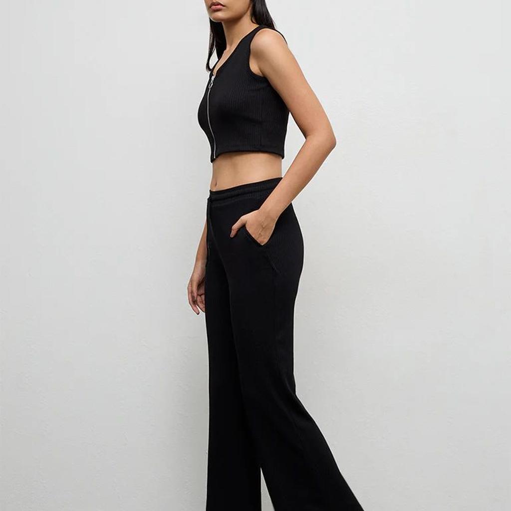 Nuoflexx Black Ribbed-Textured High-Rise Pants